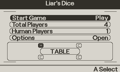 Liar's Dice main menu screenshot