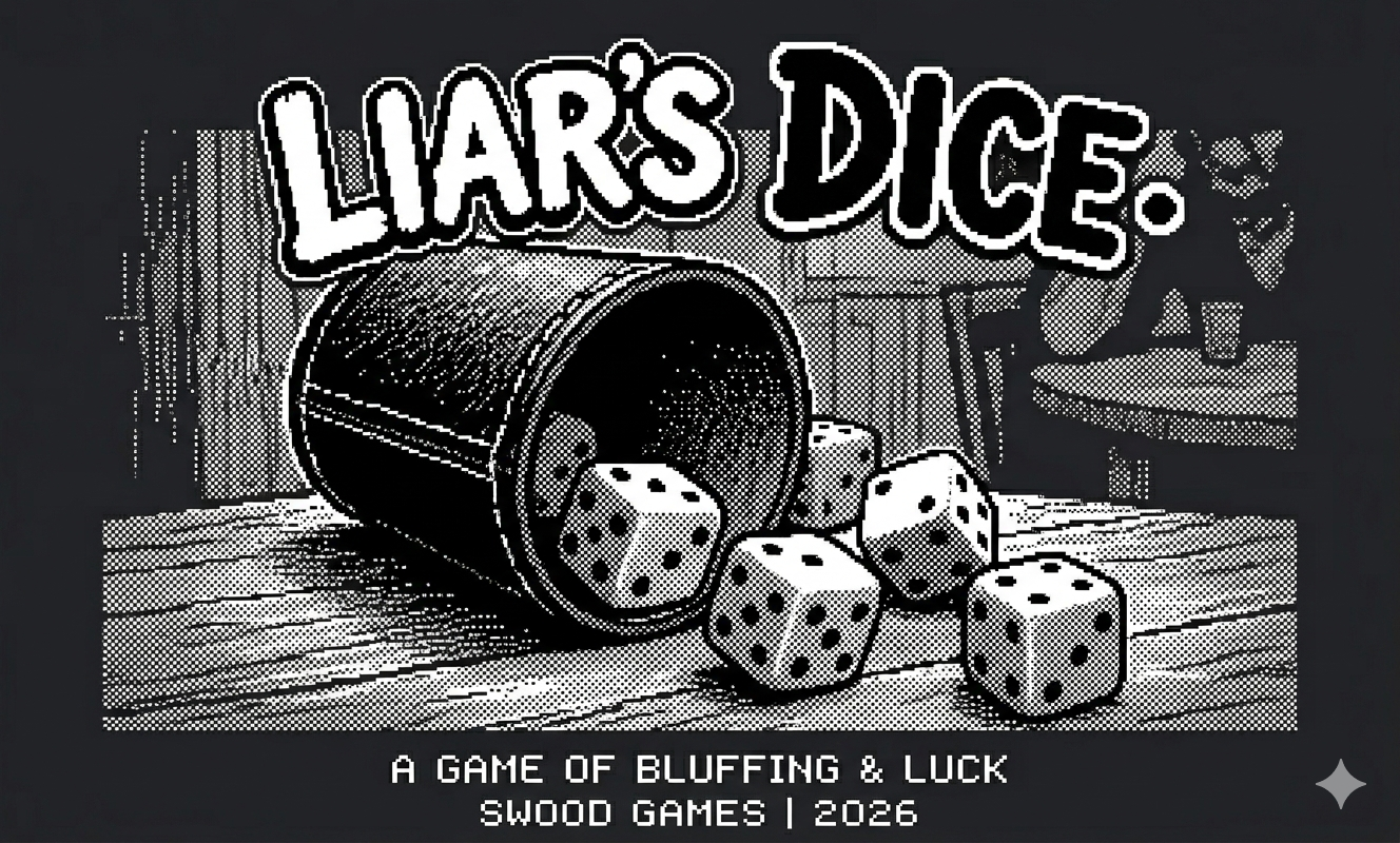 Liar's Dice key art with dice, cup, and title